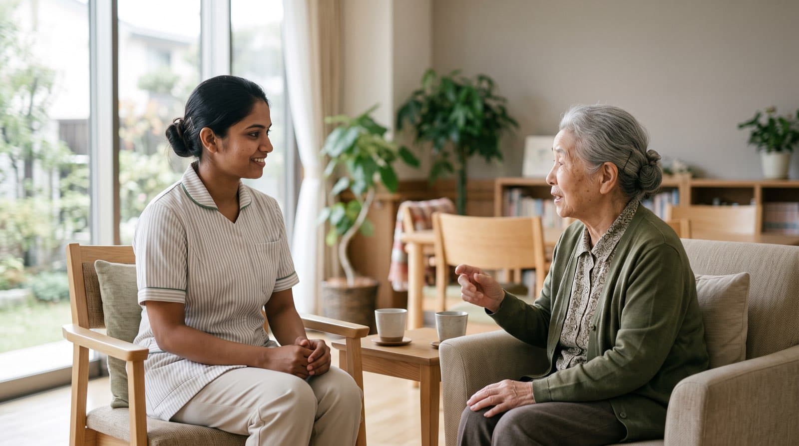 A care worker supporting a resident at a nursing care facility