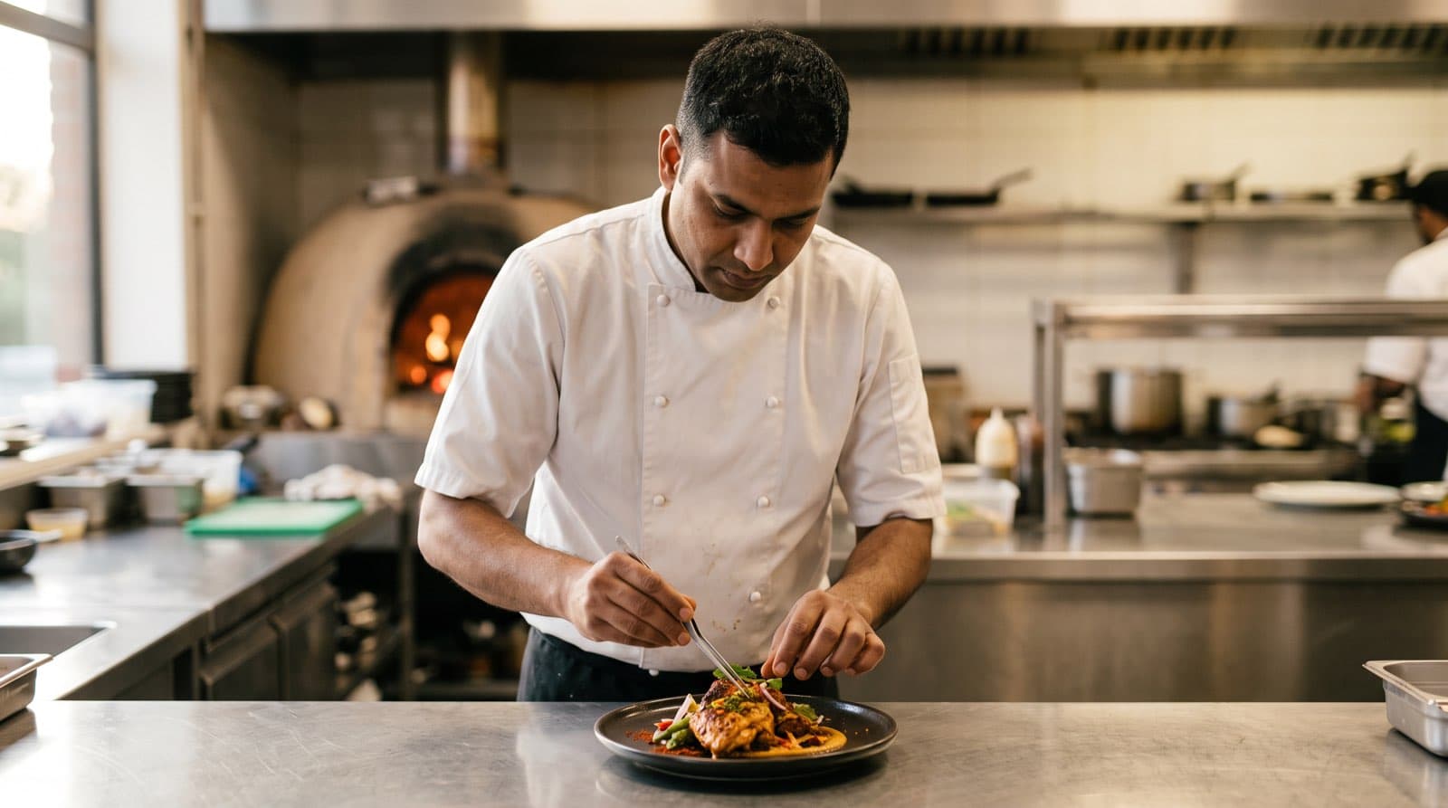 A chef cooking in the kitchen of an Indian restaurant